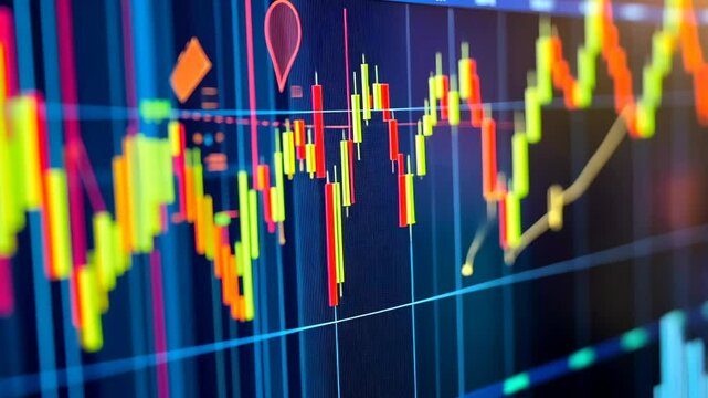 Trading chart displays market fluctuations with candlestick patterns during daytime analysis session