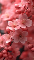 Beautiful pink blossoms blooming elegantly on dark brown branches gracefully