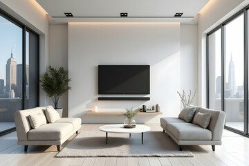 Fototapeta premium Elegant Apartment Living Room with City Views, Modern Furnishings, Minimalist Design, and a Relaxing Ambiance, Ideal for Real Estate and Interior Design Projects