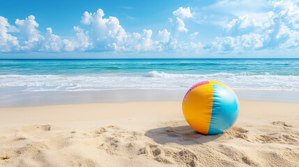 View on tropical beach with an inflatable beach ball, summertime vibes. Tropical travel destination, mockup for poster, advertisement. Travel industry background. Summer beach.