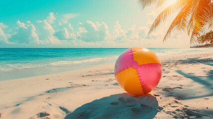 Obraz premium View on tropical beach with an inflatable beach ball, summertime vibes. Tropical travel destination, mockup for poster, advertisement. Travel industry background. Summer beach.