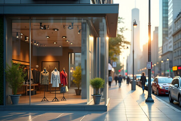 Elegant clothing store window display with mannequins and city street view evoking style and urban sophistication, highlighting modern retail design and ambiance