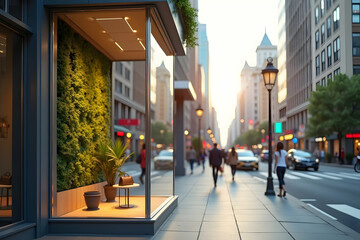 Obraz premium Elegant city street scene with storefront, featuring lush green wall, minimalist display, and blurred background of city life, evoking sophistication