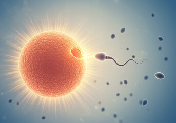 Sperm fertilizing egg cell illustration showing human reproduction process with sperm approaching egg for fertilization in blue background