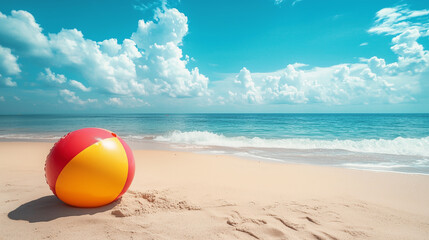 View on tropical beach with an inflatable beach ball, summertime vibes. Tropical travel destination, mockup for poster, advertisement. Travel industry background. Summer beach.