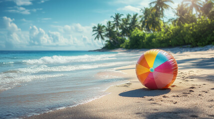 Obraz premium View on tropical beach with an inflatable beach ball, summertime vibes. Tropical travel destination, mockup for poster, advertisement. Travel industry background. Summer beach.