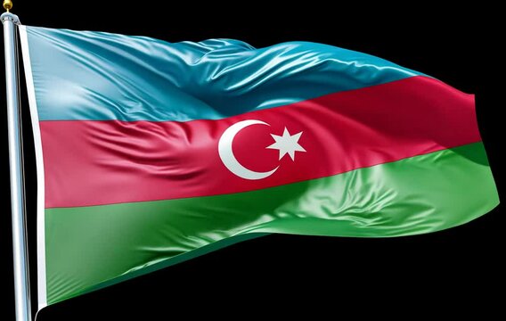 National flag of Azerbaijan. The flag flutters in the wind on a black background. 3D animation.
