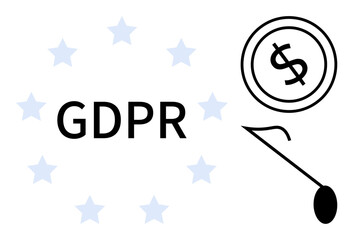 GDPR text surrounded by stars paired with a dollar sign caught on a hook, indicating financial consequences. Ideal for data protection, compliance, fines, privacy, risk, enforcement legal. Flat