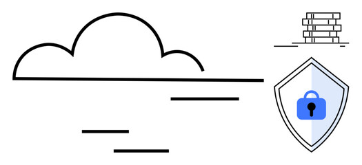 Cloud icon with horizontal lines representing connectivity, shield with padlock for security, stacked server blocks. Ideal for cybersecurity, data privacy, technology solutions, cloud storage