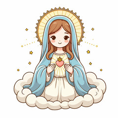 Ilustración de la Virgen María en estilo caricatura, ícono vectorial en formato EPS10 sobre fondo blanco, perfecta para diseños religiosos o proyectos espirituales con un aspecto simple y expresivo