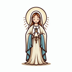 Ilustración de la Virgen María en estilo caricatura, ícono vectorial en formato EPS10 sobre fondo blanco, perfecta para diseños religiosos o proyectos espirituales con un aspecto simple y expresivo