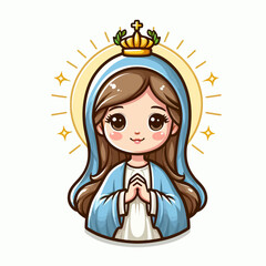 聖母マリアのカートゥーンスタイルのイラスト、EPS10形式のベクターアイコン、白い背景に配置され、宗教的なデザインや霊的プロジェクトに最適なシンプルで表現力豊かな外観です。