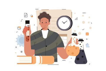 Laboratory equipment and scientist banner. Concept for science, medicine and knowledge. Flat vector illustration