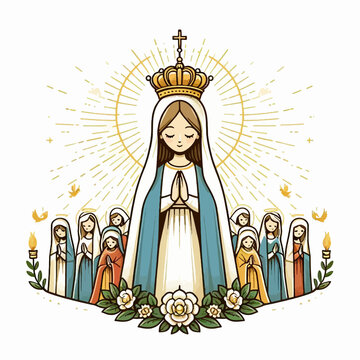 Ilustra&ccedil;&atilde;o da Virgem Maria em estilo cartoon, &iacute;cone vetorial no formato EPS10 sobre fundo branco, perfeita para designs religiosos ou projetos espirituais com uma apar&ecirc;ncia simples e expressiva.