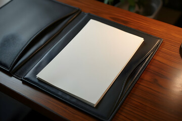 Elegant Menu Mockup on Polished Wooden Table, Showcase Your Culinary Creations with a Blank Sleek Presentation in a Sophisticated Setting