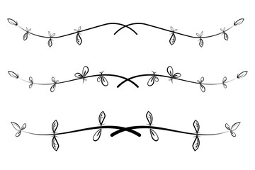 Sketch borders. Ornamental doodle dividers, rough rustic line frame with flower, branch and foliage. Card underline vector set.