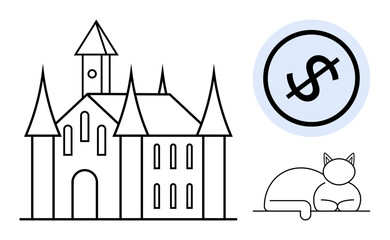 Gothic castle with sharp spires, crouching cat with clean lines, and no-cost concept with a crossed dollar sign in circle. Ideal for medieval theme, economics, mystery, finance education, pets