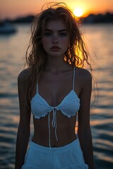 A beautiful young woman is posing near the water at sunset