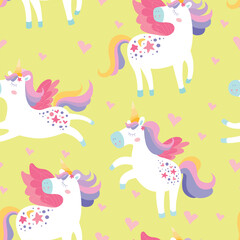 Childrens cartoon unicorn seamless pattern. Kids fairytales ornament hand drawn with unicorns