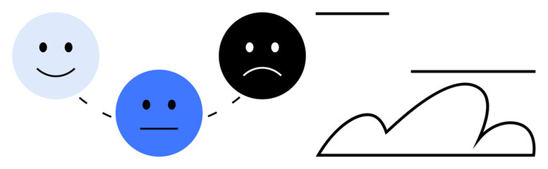Three face emoticons connected in an emotional progression from happy to sad. Abstract cloud and lines suggest transition, reflection, or mental states. Ideal for emotions, mood, mental health