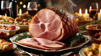 Festive gathering featuring a beautifully roasted ham on a decorated dining table
