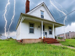 A white house stands during a powerful thunderstorm with lightning