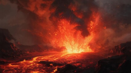 Eruption of lava creates a dramatic landscape at volcanic site during sunset