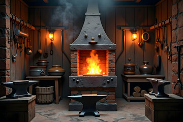 Enchanting Blacksmith Workshop, A High-Resolution Image Showcasing Traditional Craftsmanship, Fire, and Tools in a Cozy, Nostalgic Ambience, Perfect for Historical Projects