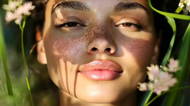 Close-up portrait of a woman with freckles surrounded by flowers and greenery in a serene setting