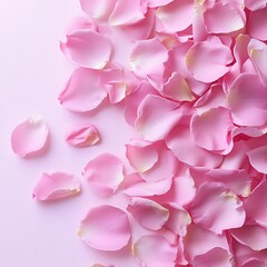 Fototapeta premium Beautiful pink rose petals scattered on soft blush background image