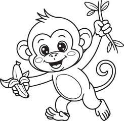 Obraz premium Cute Black and White line art style monkey holding a banana and branch, perfect for coloring. 