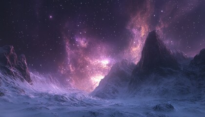 Fototapeta premium Majestic Starry Sky Above a Vast Frozen Alien Mountain Landscape