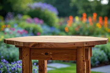 Cedar Tabletop Display with Lush Blurred Garden Background for Merchandising Optimization