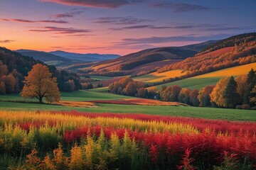 Obraz premium Stunning Autumn Scenery of Lush Meadows Beneath Twilight Skies