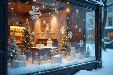 Enchanting Winter Window Display, A Festive Scene of Snowflakes, Christmas Trees, and Delicate Decorations Evoking the Holiday Spirit and Winter Charm