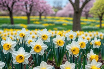 Fototapeta premium Vibrant Spring Landscape Showcases Cheerful Daffodil Blooms in Abundant Fields
