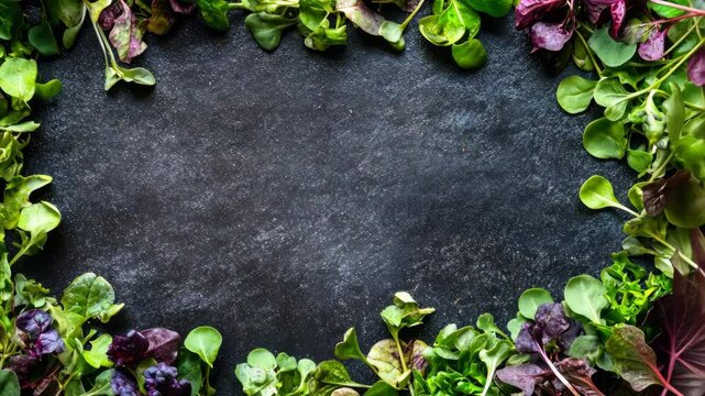 Fresh leafy greens border frame on black chalkboard background