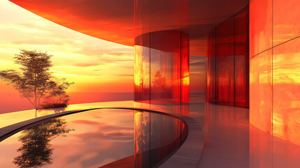 An intriguing artistic display of a curved glass wall mirroring the vivid hues of a sunset, creating an atmosphere of warmth and endless energy in a modern setting. Silken Mirage. Illustration