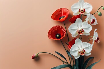 Obraz premium Minimalist Floral Arrangement Red Poppy White Orchids Gentle Peach Background