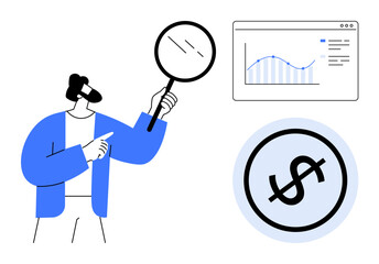 Man with magnifying glass examines financial data on digital graph interface alongside dollar sign icon. Ideal for analytics, finance, research, business strategy, investment, monitoring, insights