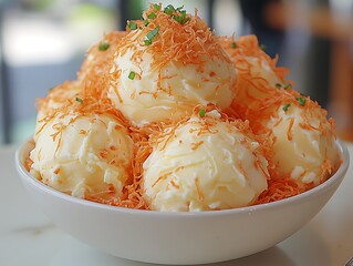 Creamy mashed potatoes topped with orange garnish and green herbs