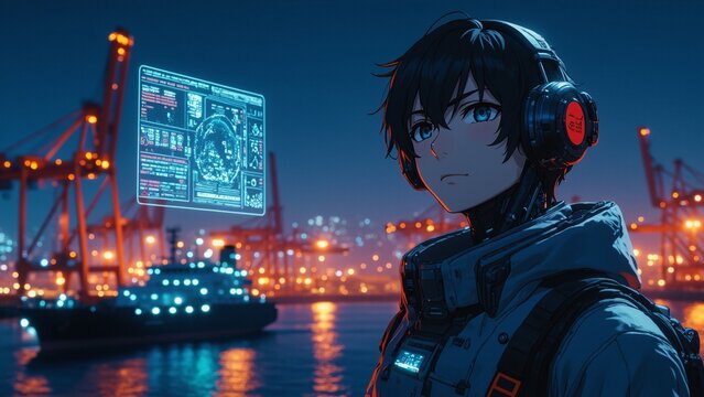 Cybernetic young man monitors data at waterfront port during nighttime - Powered by Adobe