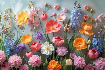 Fototapeta premium Colorful Spring Flowers on Gentle Background for Floral Border Design