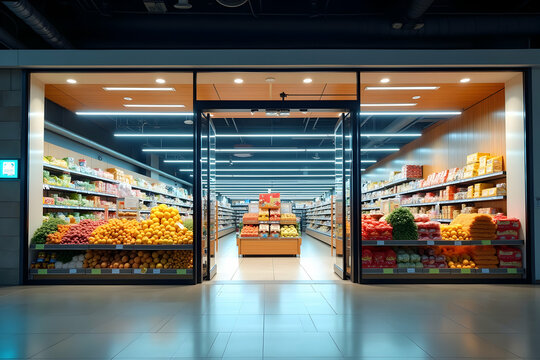 Eye-Level View of a Modern Grocery Store with Abundant Produce Displays and Well-Stocked Shelves, Showcasing a Clean, Bright, and Inviting Shopping Experience