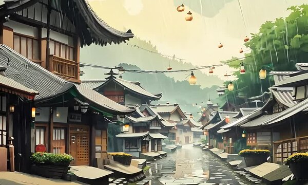 Traditional Japanese house street. Rainy old asian village. Lofi loop anime style animation background .