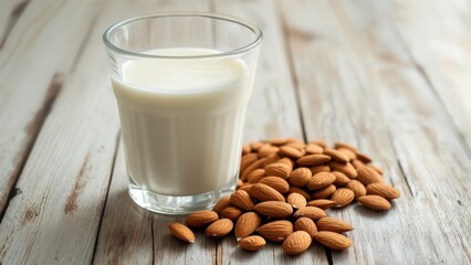 Almond milk in a clear glass beside scattered almonds on a rustic wooden surface
