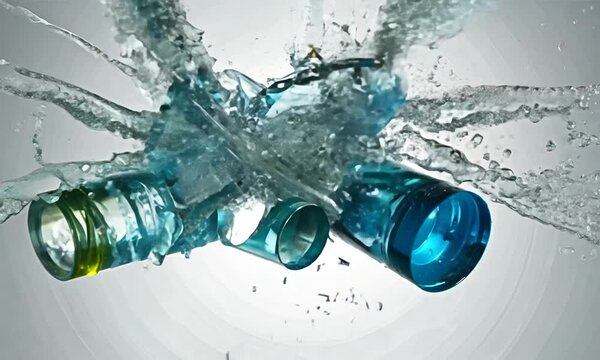 Water bottles exploding over alpha channel. Hydration bottles explosion across the screen. Drinking bottles burst background.
