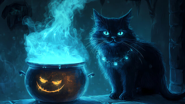 Playful black cat with grinning face beside witch's brew cauldron and ghostly vapors. Enchanted Vapors. Illustration