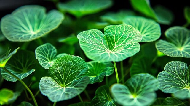 Lush green leaves of nasturtium plants thriving in a garden during late spring