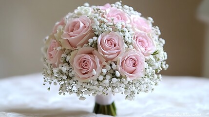 A Beautiful Wedding Bouquet Made Of Pink Roses And Babys Breath